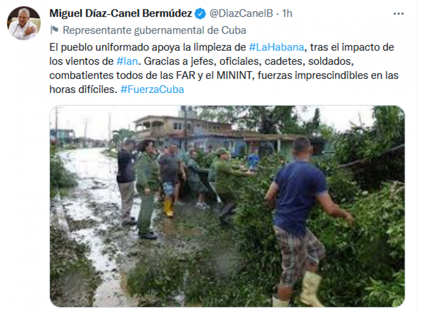 Presidente de Cuba reconoció labores de limpieza tras impacto de Ian
